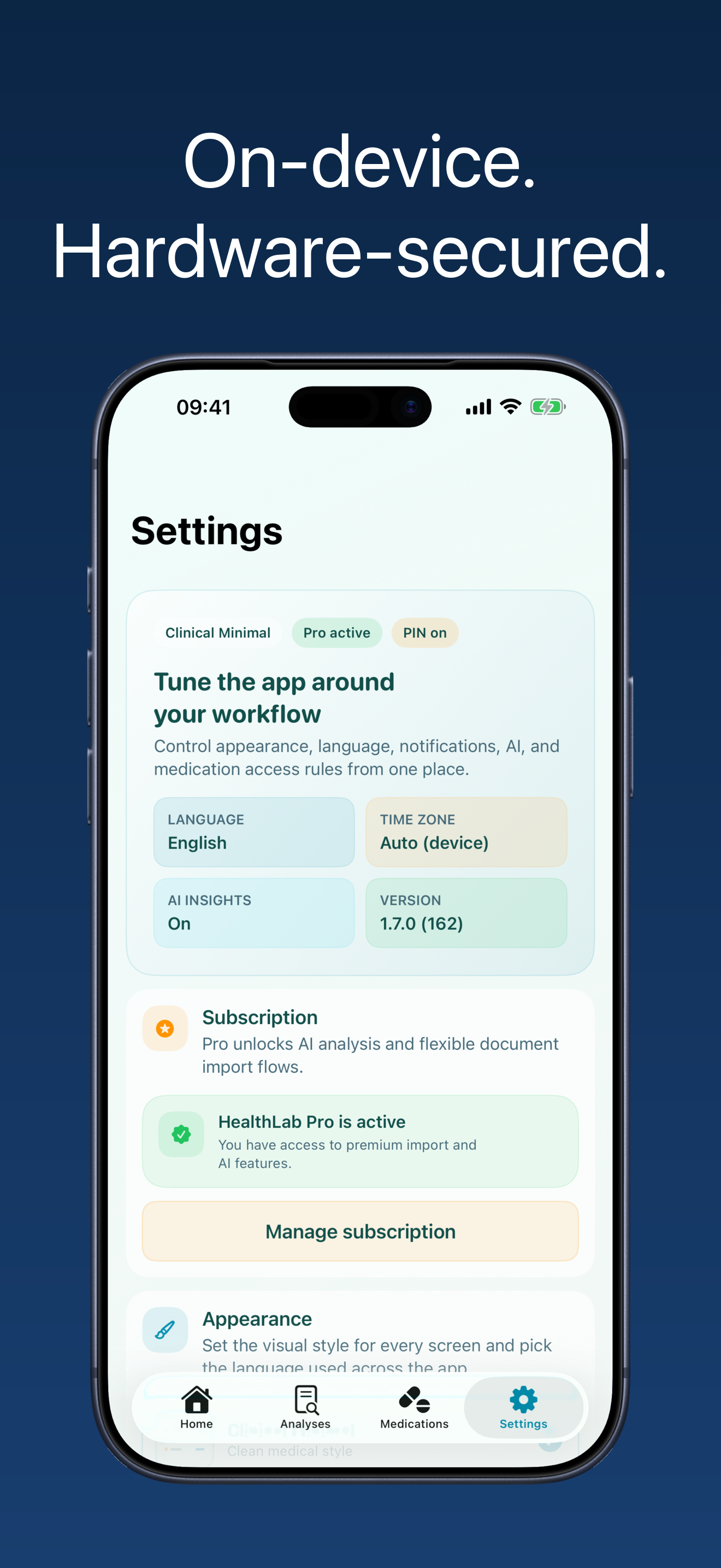 Settings — data stays on your device